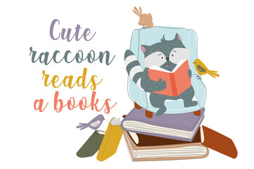 Cute raccoon reads a books concept background. Pet reads tales sitting in chair on pile of books. Happy animal loves literature and learning education. Illustration in flat cartoon design