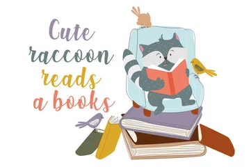 Wandaufkleber Cute raccoon reads a books concept background. Pet reads tales sitting in chair on pile of books. Happy animal loves literature and learning education. Illustration in flat cartoon design © Andrey