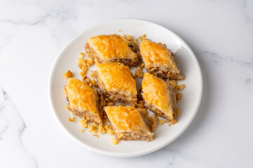 Traditional Turkish dessert; Handmade walnut baklava. Turkish name; cevizli baklava