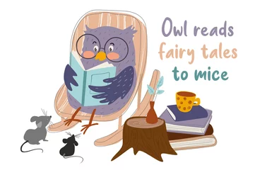  Owl reads fairy tales to mice concept background. Animal reads book sitting in chair nearby pile of books. Happy pets love literature, learning, education. Illustration in flat cartoon design © Andrey