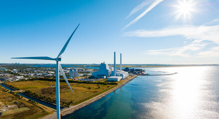 Aerial view of the Power station. One of the most beautiful and eco friendly power plants in the world. ESG green energy. - obrazy, fototapety, plakaty