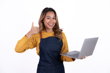 Asian woman entrepreneur or shop owner holding a  laptop computer with an excited face. isolate on a white background.