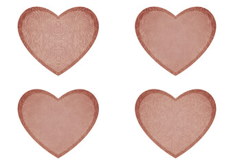 Set of 4 heart shaped valentine's cards. 2 with pattern, 2 with copy space. Pale pink background and light beige pattern on it. Cloth texture. Hearts size about 8x7 inch / 21x18 cm (p03ab)