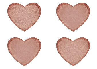 Set of 4 heart shaped valentine's cards. 2 with pattern, 2 with copy space. Pale pink background and light beige pattern on it. Cloth texture. Hearts size about 8x7 inch / 21x18 cm (p04ab)