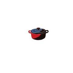 Illustration with saucepan with lid on white background. Kitchen utensil print for menu design, paper, logo, stickers, banners, greeting, books, cards. Isolated