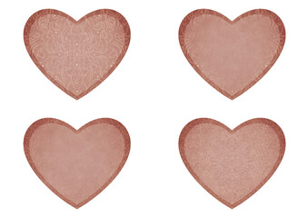 Set of 4 heart shaped valentine's cards. 2 with pattern, 2 with copy space. Pale pink background and light beige pattern on it. Cloth texture. Hearts size about 8x7 inch / 21x18 cm (p07-2ab)
