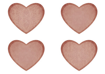 Set of 4 heart shaped valentine's cards. 2 with pattern, 2 with copy space. Pale pink background and light beige pattern on it. Cloth texture. Hearts size about 8x7 inch / 21x18 cm (p09ab)