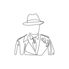 Mysterious man in hat and coat in one line drawing style. Faceless, anonymous concept. Hand drawn vector illustration.