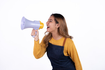 Beautiful attractive asian female woman coffee shop owner wear apron casual dress smile with confident and cheerful welcome isolate white background.