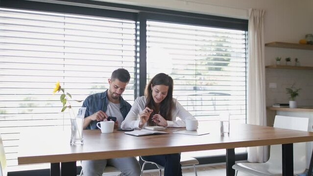 Young couple at home, planning finances.