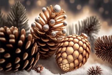 Christmas decoration with pine cones sitting on top of snow-covered ground. A Christmas Wallpaper. A Christmas Scene. Generative AI Digital Illustration