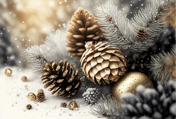 Christmas ornaments on top of the snow-covered ground with pine cones. A Christmas Wallpaper. A Christmas Scene. Generative AI Digital Illustration