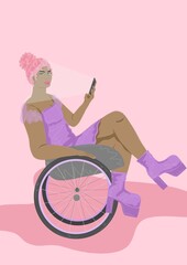 Woman in wheelchair using phone - obrazy, fototapety, plakaty