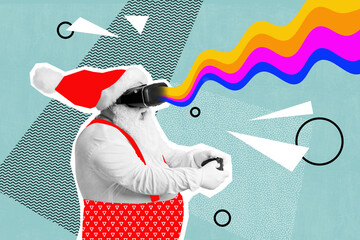 Collage photo of old age fat grandfather wear red saint nicholas costume addicted player vr games doodle reality isolated on blue color background