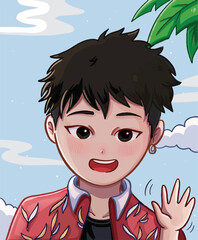 Young teen male with black hair and black eyes wearing red clothes waving and smiling isolated on blue clear sky, clouds, and tree leaves background. Colorful art with japanese kawaii chibi art style.