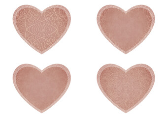 Set of 4 heart shaped valentine's cards. 2 with pattern, 2 with copy space. Pale pink background and light beige pattern on it. Cloth texture. Hearts size about 8x7 inch / 21x18 cm (p02-2ab)