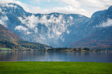 Fototapeta na wymiar Scenic panoramic view on famous mountain town in the Austrian Alps