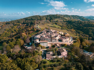 Fototapeta na wymiar Italy, November 26, 2022: aerial view of the medieval village of Montefabbri in the province of Pesaro and Urbino in the Marche region