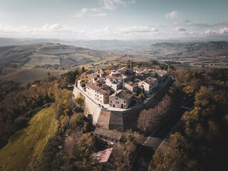 Italy, November 26, 2022: aerial view of the medieval village of Montefabbri in the province of...