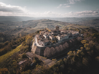 Italy, November 26, 2022: aerial view of the medieval village of Montefabbri in the province of...