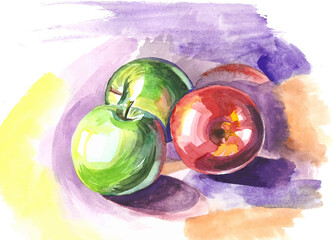 Vector image of the watercolor of three apples on the violet-yellow background.