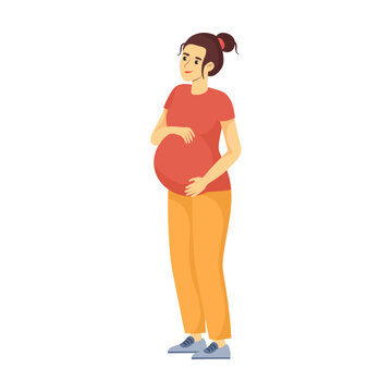 Pregnant woman lifestyle cartoon vector illustration. Happy future mom holding big belly with baby. Female pregnancy concept
