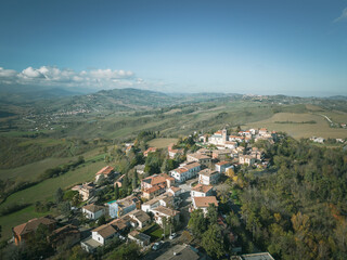 Italy, November 26, 2022: aerial view of the village of Montecalvo in Foglia in the province of Pesaro and Urbino in the Marche region