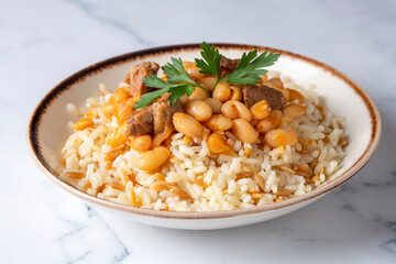 Traditional Turkish cuisine. Kuru Fasulye . Haricot Beans, rice and beans (Turkish name; pilav ustu kuru fasulye)