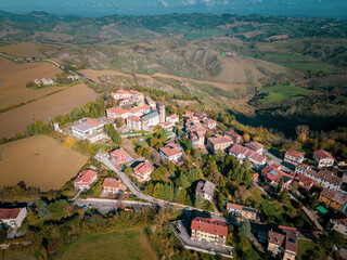 Italy, November 26, 2022: aerial view of the village of Montecalvo in Foglia in the province of...