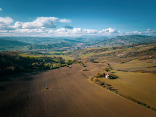 Italy, November 26, 2022: aerial view of the village of Montecalvo in Foglia in the province of...