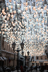 Christmas decoration. Beautiful festive landscapes in Moscow. Decorated with beautiful lanterns stoleshnikov lane. Russia.