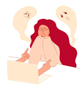 Social media bullying. Fear of rejection. The girl is crying in front of laptop screen.