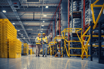 Two employees are walking at logistics center warehouse - obrazy, fototapety, plakaty