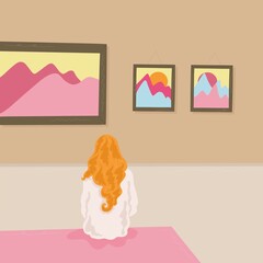 Woman sat in art gallery - obrazy, fototapety, plakaty