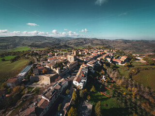 Italy, November 26, 2022: aerial view of the medieval village of Tavoleto in the province of Pesaro...