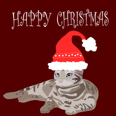 Vector of cute Christmas Cat wearing Santa Claus Hat with Happy Christmas Background.