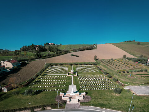 Italy, November 26, 2022: aerial view of the English war cemetery in Montecchio in the province of Pesaro and Urbino in the Marche region