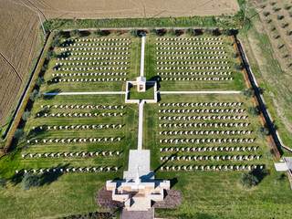 Italy, November 26, 2022: aerial view of the English war cemetery in Montecchio in the province of...