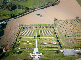 Italy, November 26, 2022: aerial view of the English war cemetery in Montecchio in the province of...