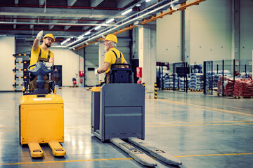 Warehouse man workers with forklift