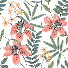 Seamless floral pattern with tropical plants in pastel colors. Beautiful flower print with hand drawn exotic flowers, leaves, large lilies on a white background. Vector botanical illustration.