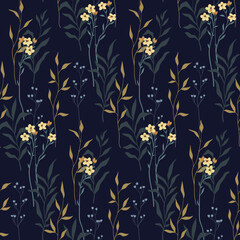 Seamless floral pattern, elegant ditsy print with vintage motif. Beautiful flower design with thin hand drawn branches, small flowers, leaves on a blue background. Vector botanical illustration.