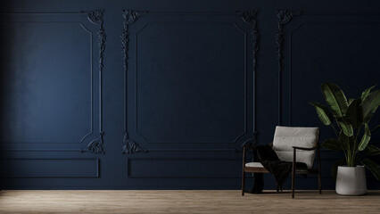 Room with armchair and green plant in pot with dark blue wall with classic style mouldings and wooden floor, 3d render 