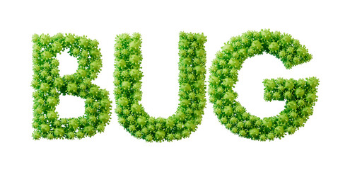 Bug word made from green bacteria cell molecule font. Health and wellbeing. 3D Rendering