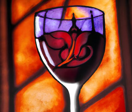 Illustration of abstract wine goblet on church stained vitrage glass background