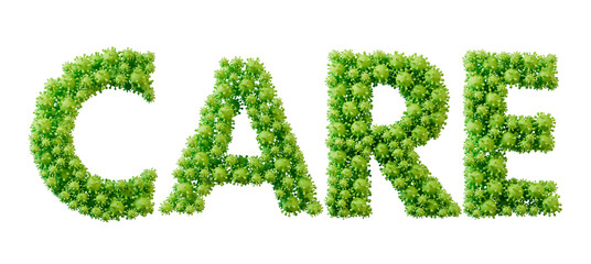Care word made from green bacteria cell molecule font. Health and wellbeing. 3D Rendering