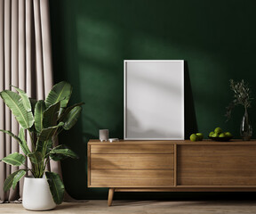 Empty white poster frame mock up on dresser in modern room interior with green wallwith sunlight , curtain and green plant, 3d rendering