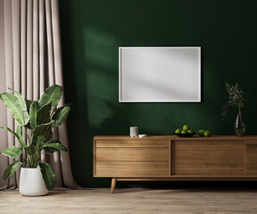 Horizontal white picture frame mock up on dresser in modern room interior with green wall with sunlight, curtain and green plant, 3d rendering