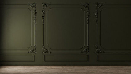 Green wall with classic style mouldings and wooden floor, empty room interior, 3d render 