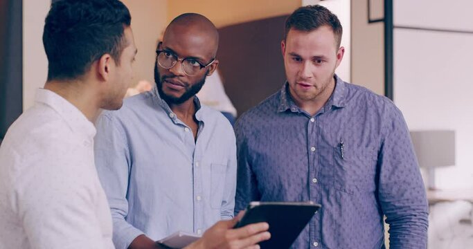Diversity, teamwork or business people with tablet planning marketing idea, strategy or documents for review. Corporate, collaboration or group for consulting, advertising analytics or data analysis